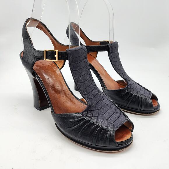 Chie Mihara T-Strap Peep Toe Heels Black Leather EU 37 US 7 - Picture 1 of 9